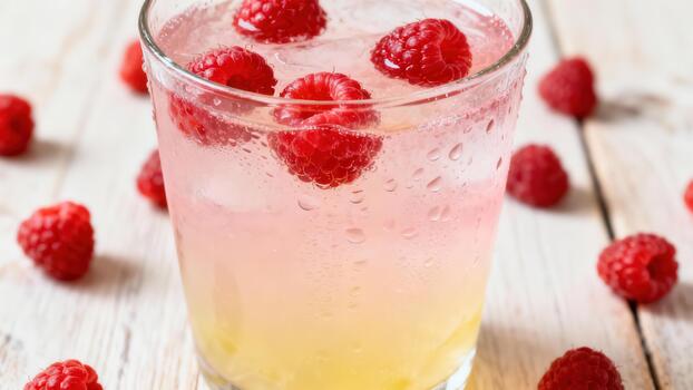 Glass filled with cold sparkling beverage garnished with fresh red berries sits on light wooden surface photo