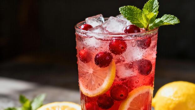 Refreshing ruby colored beverage with ice, citrus, and berries presented against a dark background photo