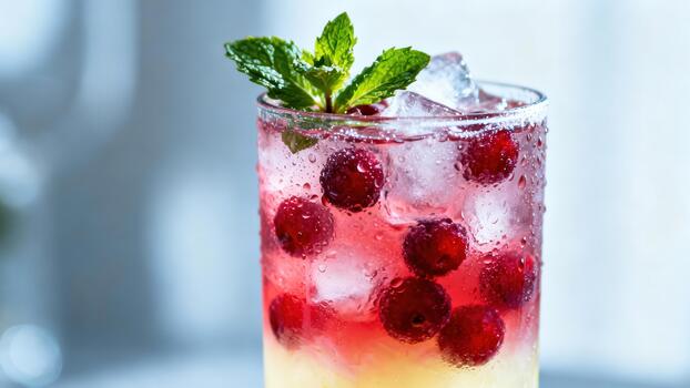 Refreshing ruby red fruit beverage with ice and mint garnish stands tall in condensation covered glass photo