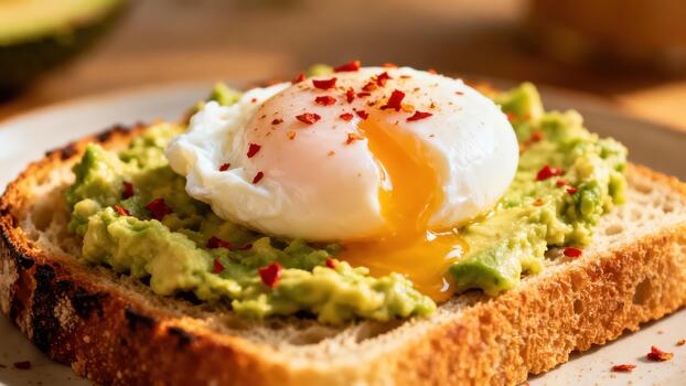 Toasted bread slice topped with mashed avocado and a perfectly cooked poached egg sprinkled with spice flakes photo