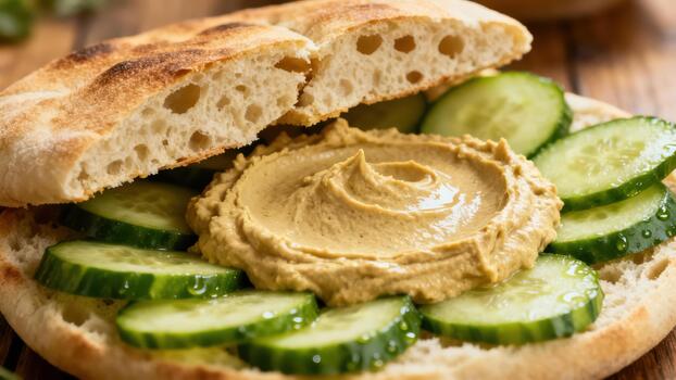 Toasted flatbread generously spread with savory paste and topped with fresh cucumber slices sits ready for eating. photo