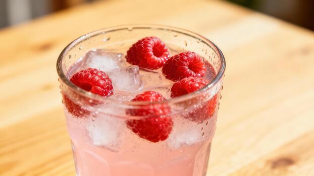 Refreshing chilled beverage garnished with ripe red berries and ice cubes sits on a wooden surface photo