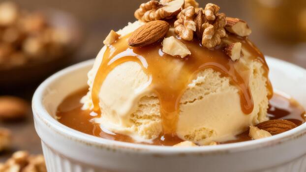 Vanilla frozen dessert topped with rich syrup and assorted nuts served in a small dish photo