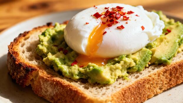 Toasted bread topped with mashed avocado and a runny poached egg sprinkled with red pepper flakes photo
