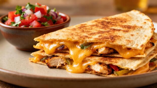 Stacked cheese and chicken flatbread triangles are served alongside a fresh tomato relish in a close up view photo