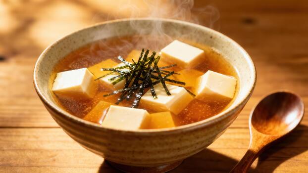 Steaming bowl of savory fermented soybean paste soup with cubed protein topping sits on a wooden surface. photo