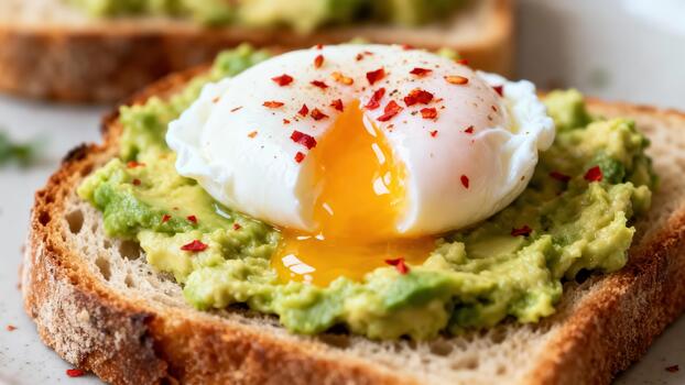 Close up view of savory toast topped with mashed avocado and a perfectly poached egg with runny yolk photo