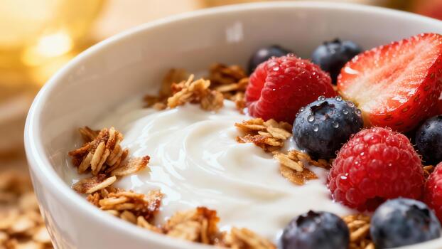 Close up view of creamy dairy dessert topped with mixed fresh berries and toasted cereal clusters photo