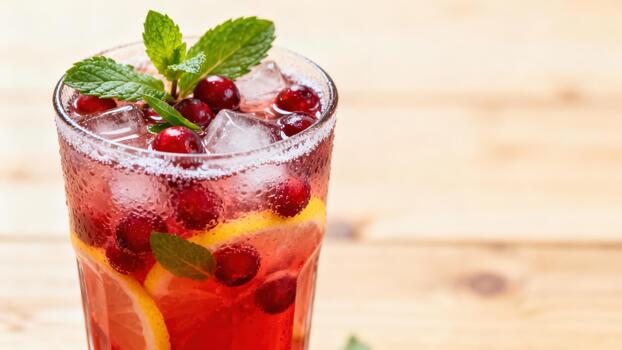 Chilled berry and citrus refreshment sits upon a light wooden surface photo