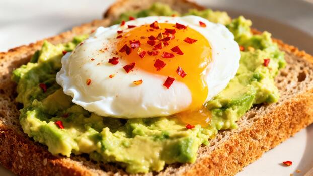 Perfectly poached egg sits atop mashed avocado spread on toasted whole grain bread. photo