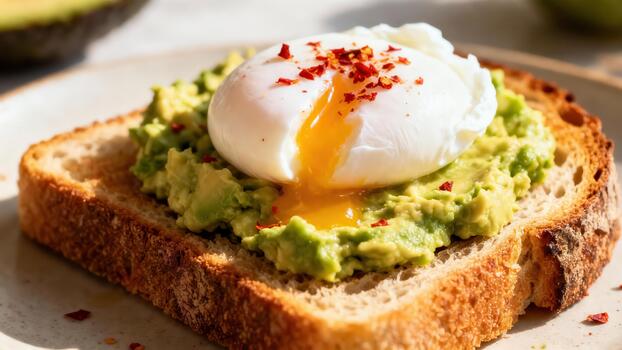 Perfectly poached egg with mashed avocado served atop toasted bread with spice garnish photo