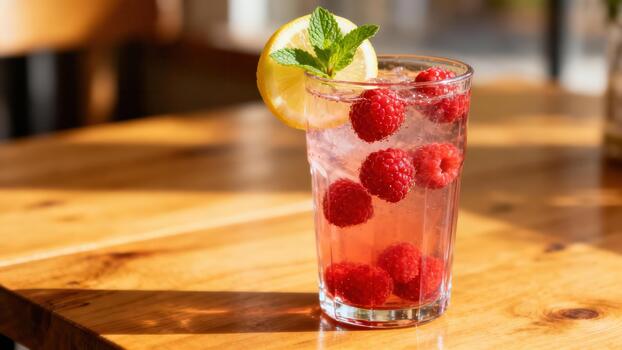 Refreshing raspberry infused beverage garnished with citrus and herbs sits upon a sunlit wooden surface photo
