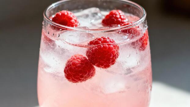 Refreshing pink beverage garnished with fresh raspberries and ice cubes is featured in a shot photo