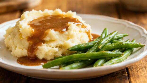 Creamy mashed potatoes topped with rich brown sauce served beside bright green string beans on a plate photo