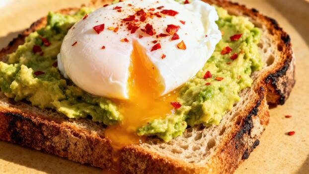 Deliciously prepared slice of toasted bread topped with mashed avocado and a perfectly cooked soft egg photo