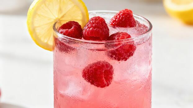 Refreshing pink beverage filled with ice cubes and fresh raspberries garnished with a citrus slice photo