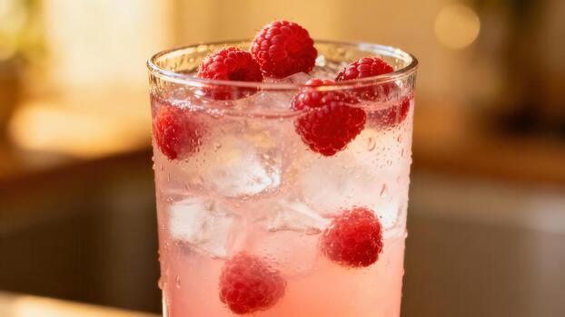 Refreshing pink beverage filled with ice cubes and fresh raspberries sits on a surface photo