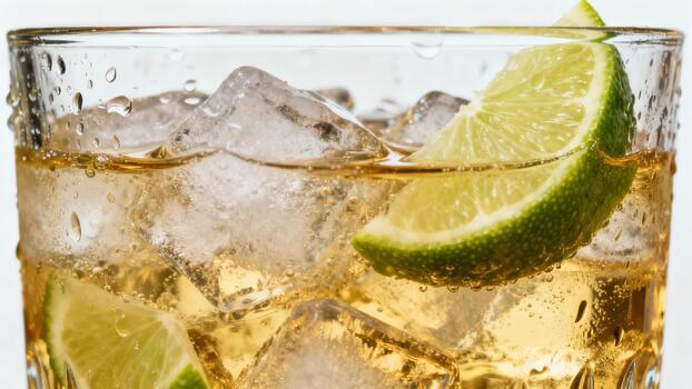 Refreshing amber beverage with ice cubes and citrus slices fills a textured glass photo
