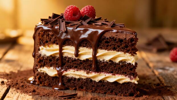 Rich slice of multi layered chocolate cake drizzled with ganache and topped with fresh berries sits on a rustic wooden surface photo