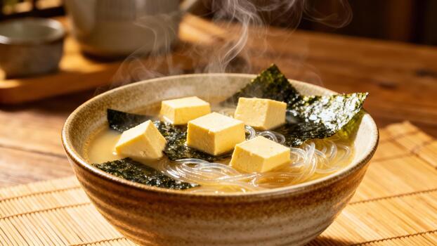 Steaming bowl of traditional fermented soybean paste soup with cubes of soybean curd and seaweed sits on a wooden surface photo