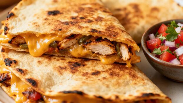 Grilled chicken and melted cheese stuffed flatbread triangles served with fresh tomato salsa photo