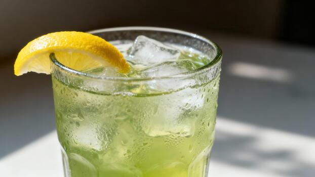 Refreshing icy green beverage garnished with a bright citrus slice sits on a sunlit surface photo