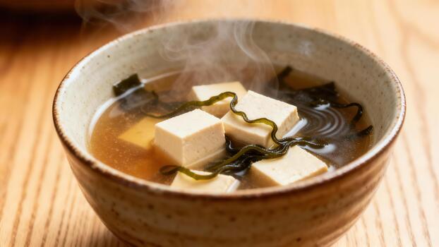 Steaming bowl of savory fermented soybean paste soup with cubes of soft bean curd and seaweed photo