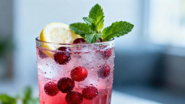 Refreshing pink beverage with whole berries ice and citrus garnish sits ready for consumption photo