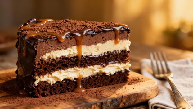 Decadent slice of multi-layered chocolate and cream dessert drizzled with rich caramel sauce rests on wood photo