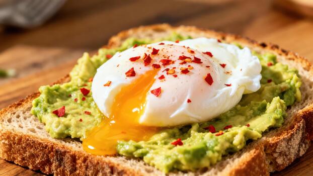 Poached egg with mashed avocado and chili flakes rests on toasted bread photo