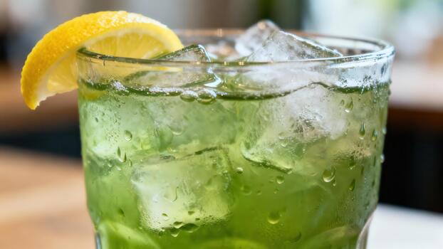 Chilled green beverage with ice cubes and a lemon wedge served in a clear glass photo
