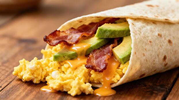 Delicious breakfast wrap filled with scrambled eggs, bacon, and sliced avocado rests on a wooden surface photo