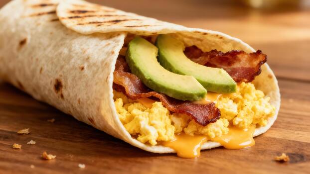 Delicious breakfast wrap filled with scrambled eggs, bacon, avocado, and melted cheese rests on a wooden surface photo