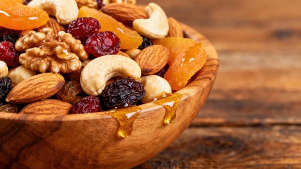 surtido de seco frutas y mezclado nueces desborda desde un de madera cuenco con goteo edulcorante. foto