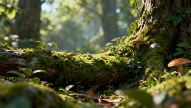 Small fungi sprout from moss covering a fallen log and tree base deep within a sunlit woodland photo