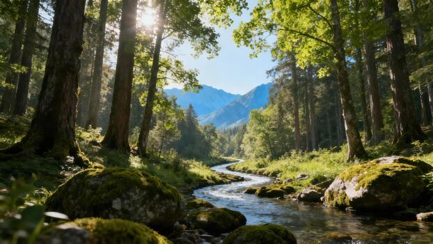 Sunlight filters through tall trees illuminating a winding stream flowing through a mossy forest valley with distant mountains. photo