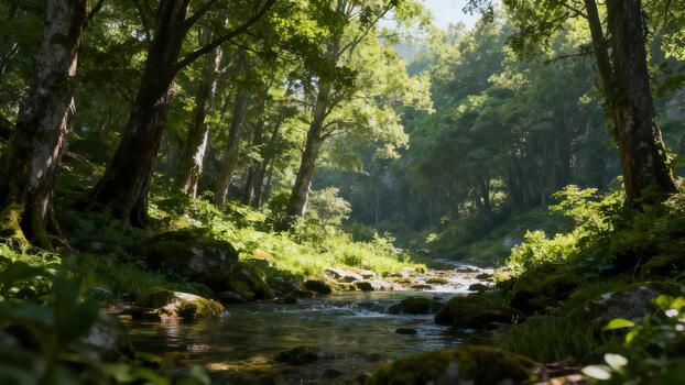 Sunlight filters through dense canopy onto a flowing woodland stream surrounded by lush foliage. photo