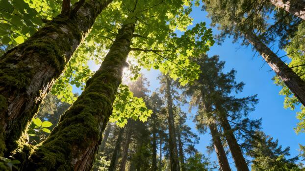 Tall moss covered tree trunks reach toward the bright summer sky from a low angle perspective. photo