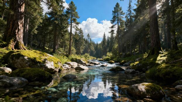 Sunlight streams through tall evergreen trees illuminating a clear forest stream flowing over mossy rocks photo