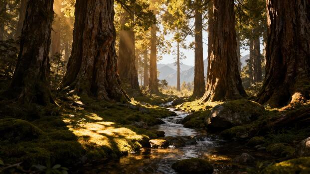 Majestic ancient trees line the banks of a sunlit forest stream cascading through mossy terrain photo
