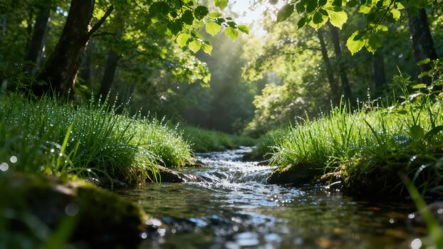 Sunlight streams through lush forest canopy onto a small, flowing stream bordered by dewy grass photo