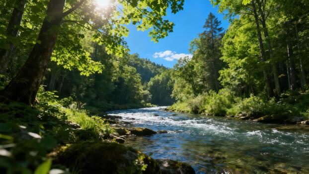 Sunlight streams through dense green foliage onto a rapidly flowing river winding through a forest canyon. photo