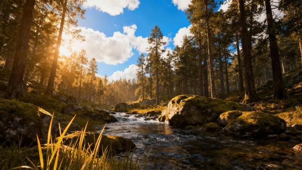Golden sunlight streams through tall trees illuminating a mossy forest stream bed photo