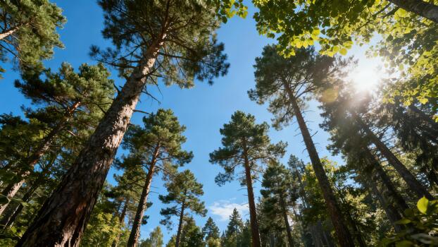 Tall evergreen trees reach towards the bright blue sky with sunlight filtering through the canopy photo