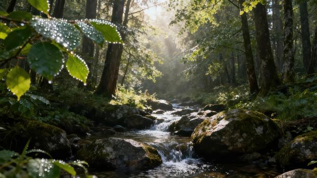Sunlight streams through dense woodland illuminating a rocky forest stream with dewdrops on foreground foliage photo