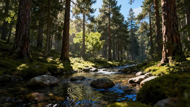 Sunlit water flows over moss covered rocks through a dense coniferous forest photo