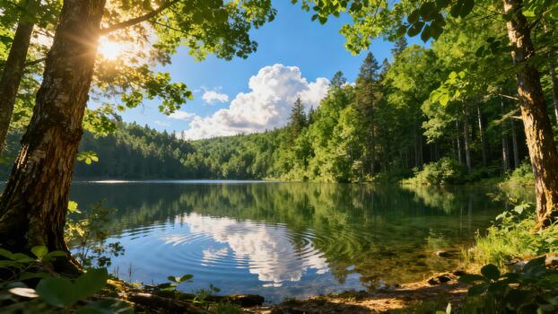 Sunlight streams through lush green foliage framing a calm forest lake reflecting the blue sky and clouds photo