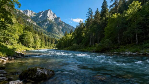 Rushing river flows through a valley flanked by steep, forested mountains under a clear sky. photo