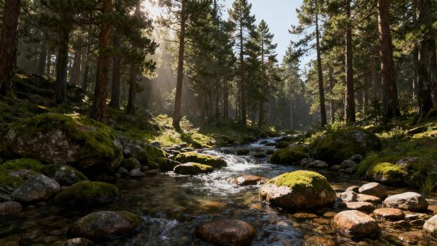 Sunlight streams through dense evergreen trees illuminating a rocky forest stream flowing downhill photo