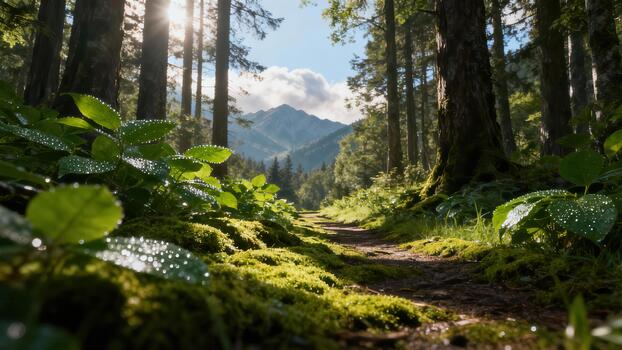 Sunlight illuminates a dew-covered forest path leading toward distant mountain peaks. photo